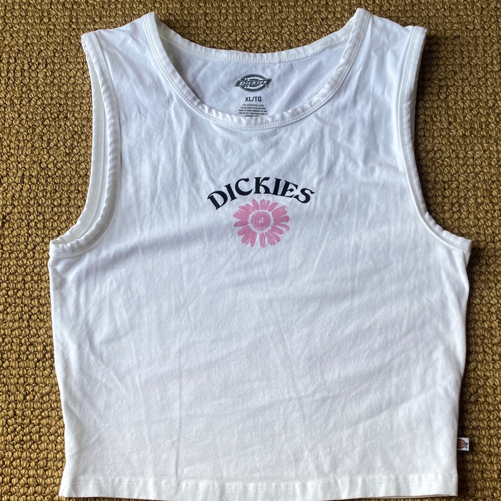Dickies Women's White Tank Top with Pink Logo